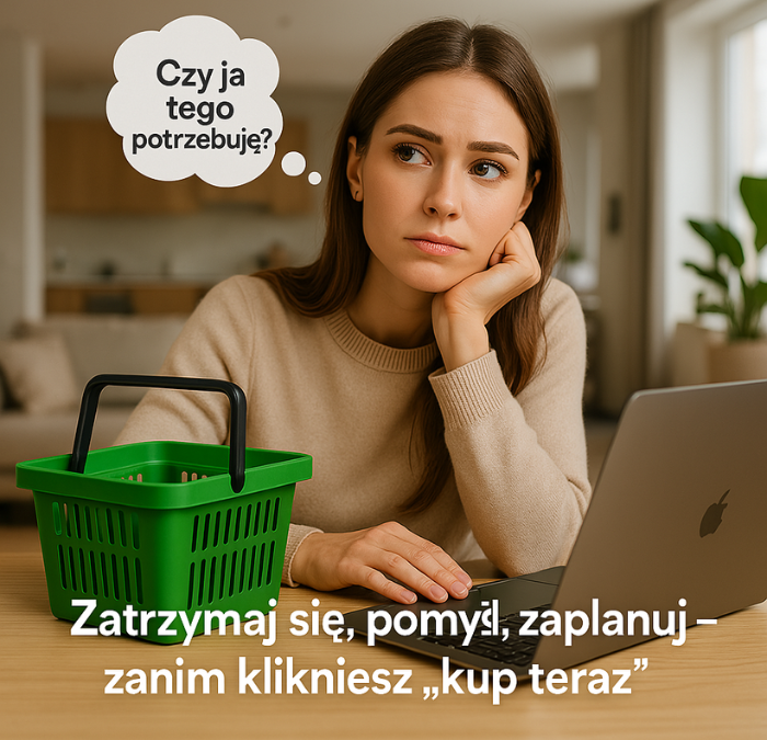 Kobieta przed laptopem z koszykiem zakupowym i myślą: „Czy ja tego potrzebuję?” – wezwanie do zatrzymania się przed impulsywnym zakupem