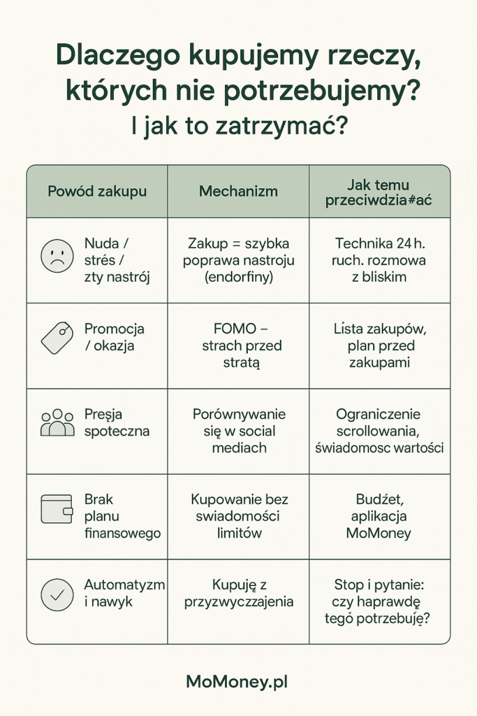 Infografika przedstawiająca 5 powodów impulsywnych zakupów i sposoby, jak im przeciwdziałać – MoMoney.pl