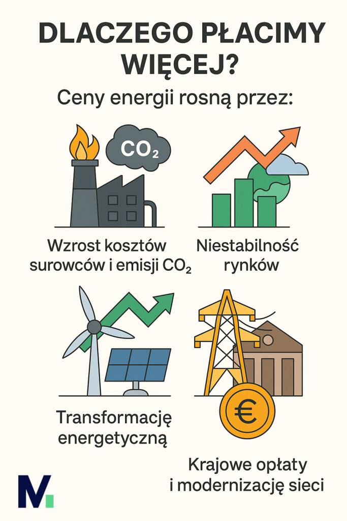 nfografika wyjaśniająca wzrost cen energii: surowce, emisje CO₂, rynki, transformacja energetyczna, opłaty krajowe. Zawiera pytanie: "Czy nic nie da się z tym zrobić?" i odpowiedź: "Masz wybór!" – pokazując opcje, jak porównanie ofert, optymalizacja zużycia i inwestycje w OZE.