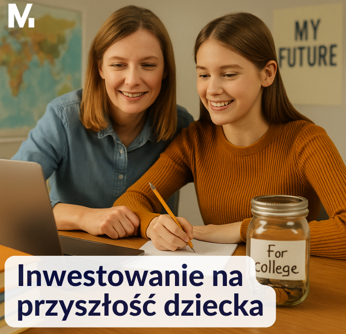 atka i córka planujące przyszłość edukacyjną z słoikiem oszczędności i napisem "For college