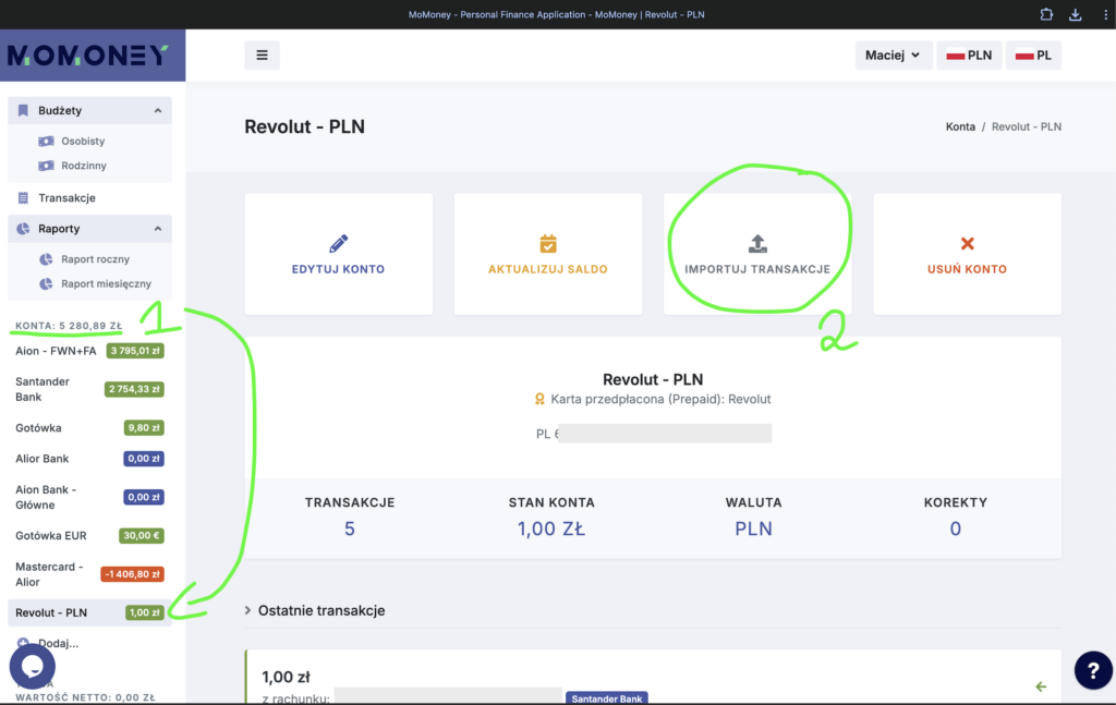 Widok konta Revolut w MoMoney z zaznaczoną opcją „Importuj transakcje”