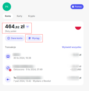 Widok konta w aplikacji Revolut z zaznaczonym przyciskiem „Wyciąg” umożliwiającym pobranie historii transakcji.