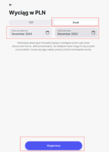 Ekran generowania wyciągu w aplikacji Revolut z wyborem zakresu dat i formatu pliku Excel.