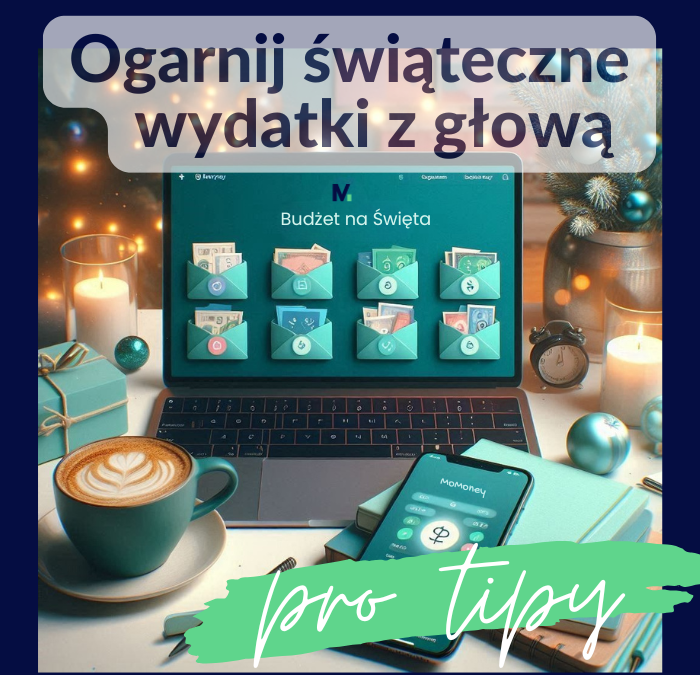 Laptop z otwartą aplikacją do budżetowania MoMoney i cyfrowymi kopertami na ekranie, w tle świąteczne lampki, filiżanka kawy i notatnik – symbol planowania budżetu świątecznego w nowoczesny sposób.