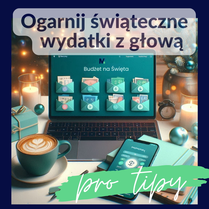 Laptop z otwartą aplikacją do budżetowania MoMoney i cyfrowymi kopertami na ekranie, w tle świąteczne lampki, filiżanka kawy i notatnik – symbol planowania budżetu świątecznego w nowoczesny sposób.