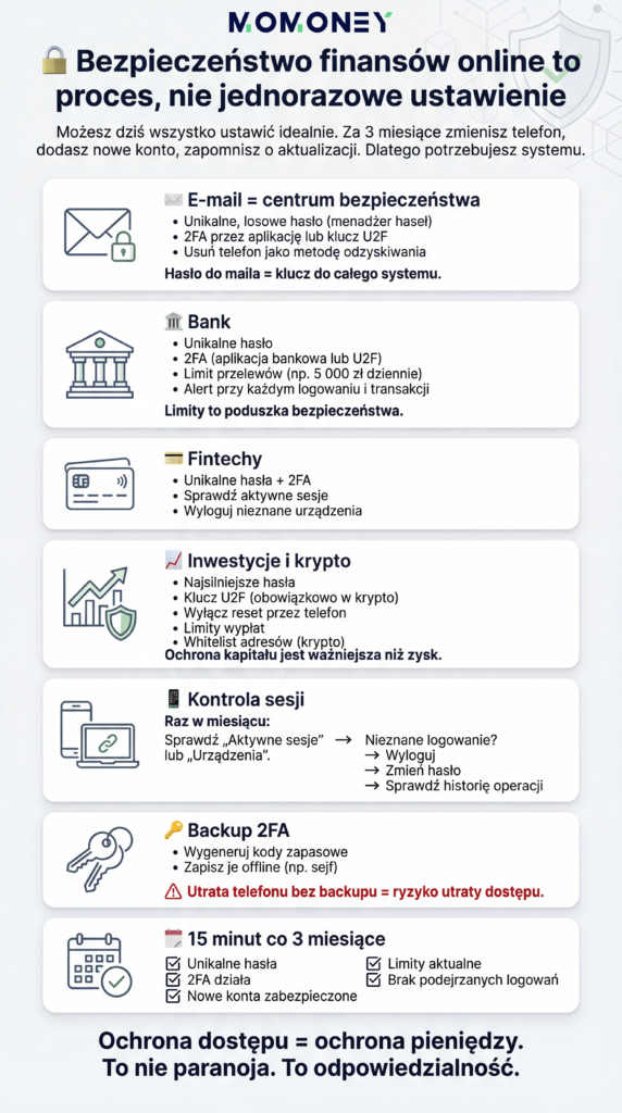 Checklista bezpieczeństwa finansów online – hasła, 2FA, limity, kontrola dostępu.