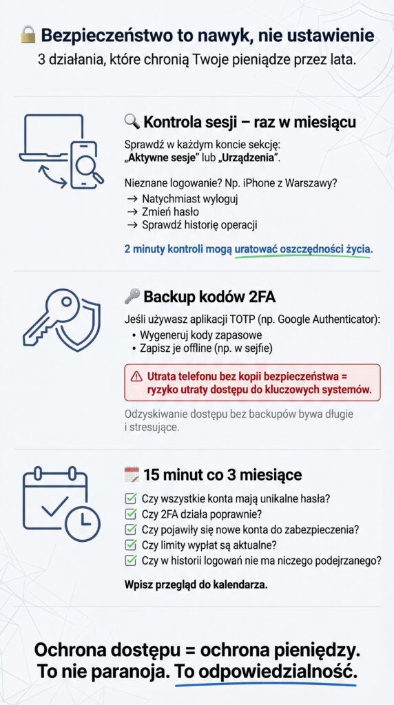 Checklista kontroli sesji, backupu 2FA i kwartalnego przeglądu bezpieczeństwa kont online.